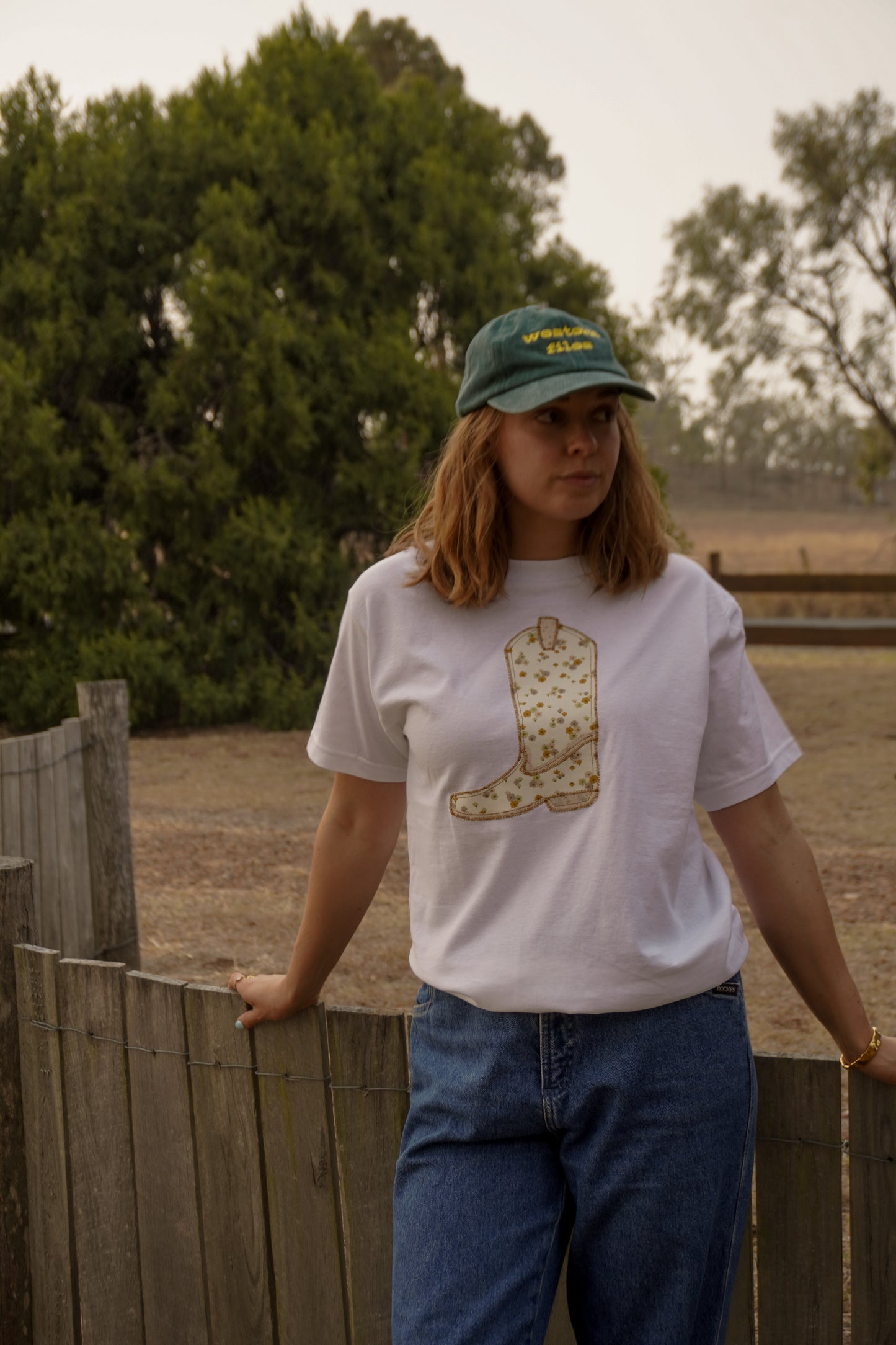 White Boot Patchwork Tee - M