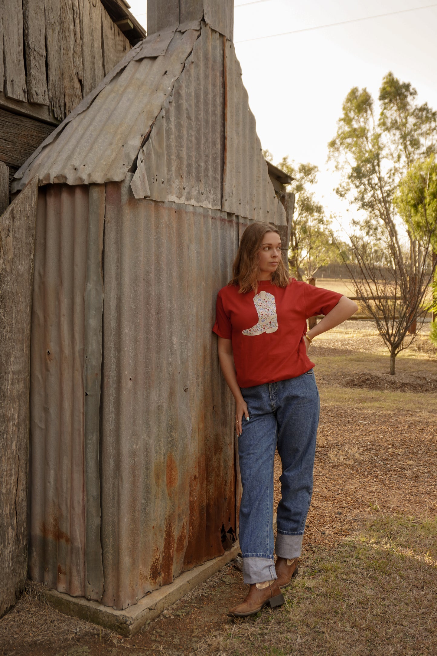 Red Boot Patchwork Tee - M