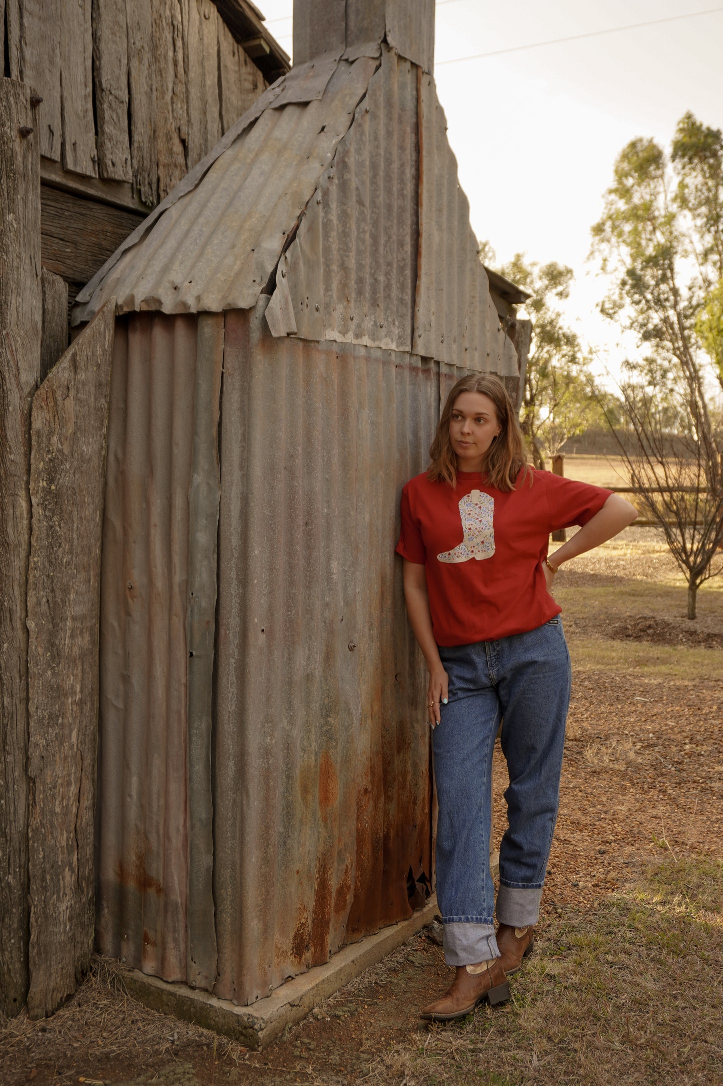 Red Boot Patchwork Tee - M