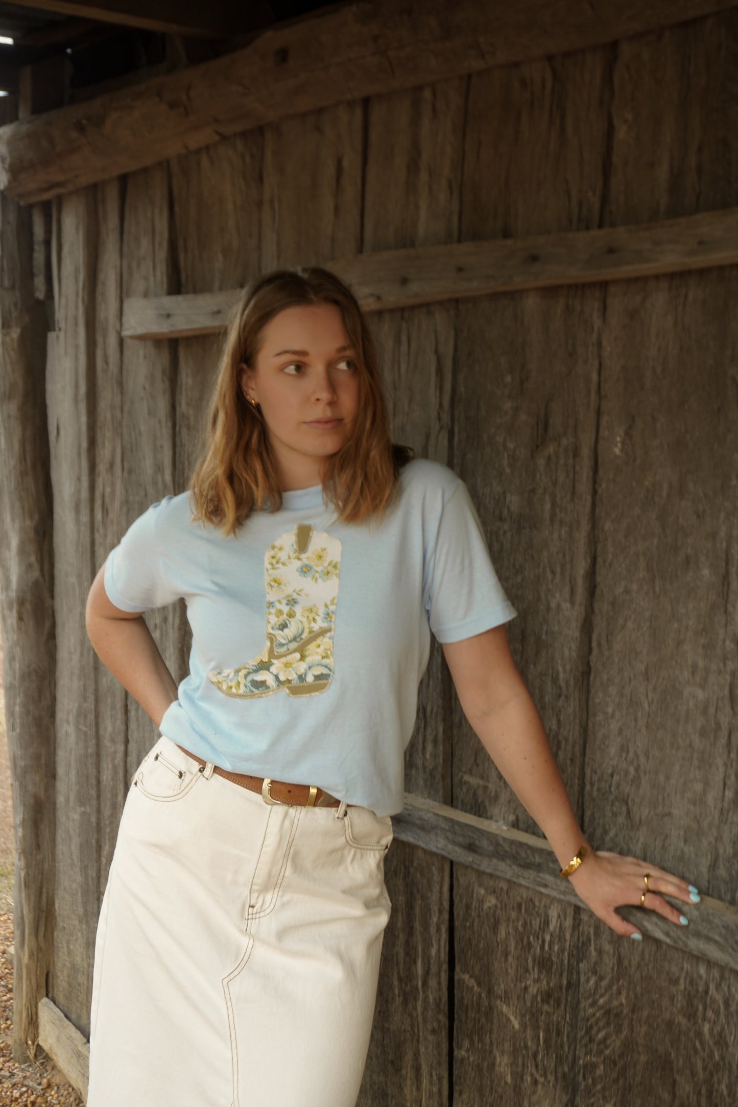 Blue Boot Patchwork Tee - S