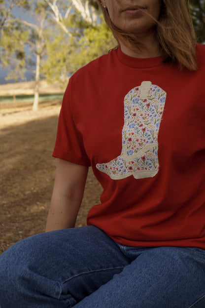 Red Boot Patchwork Tee - M