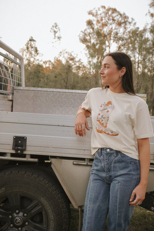 Beige Boot Patchwork Tee - S