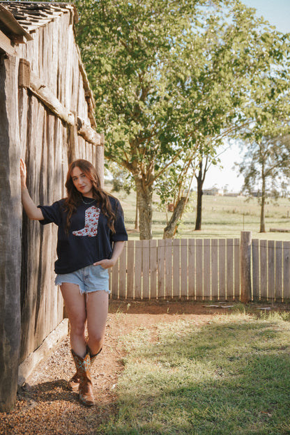 Navy Boot Patchwork Tee - L