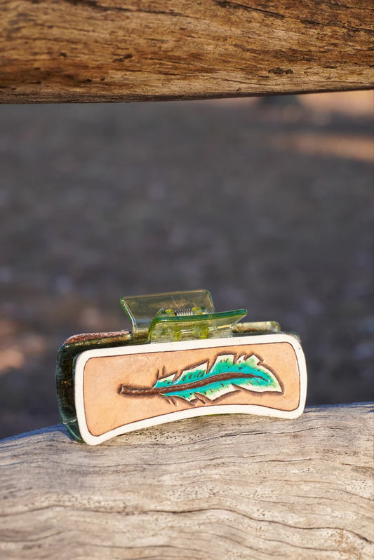 Feather Tooled Leather Claw Clip