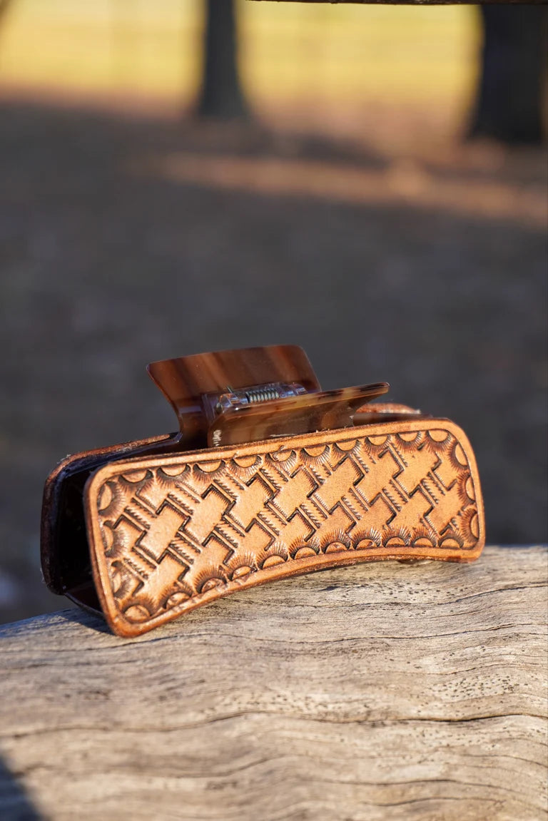 Patterned Tooled Leather Claw Clip