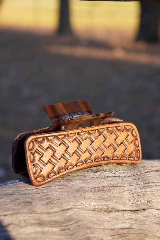 Patterned Tooled Leather Claw Clip